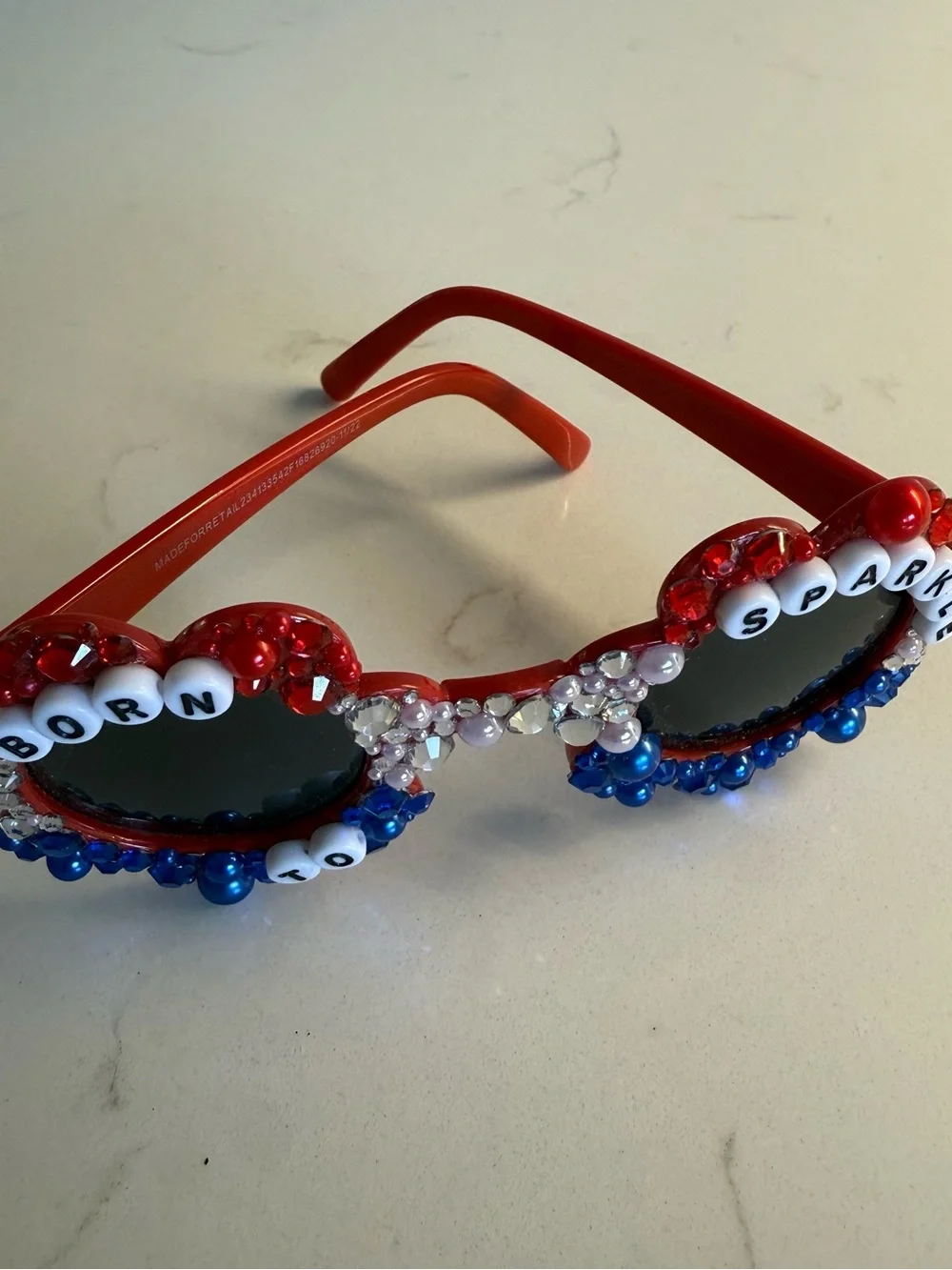 Embellished Round Sunglasses - Red, Blue, white/Silver